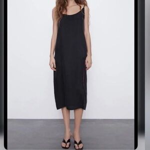 Zara nwt midi black slit slip dress S